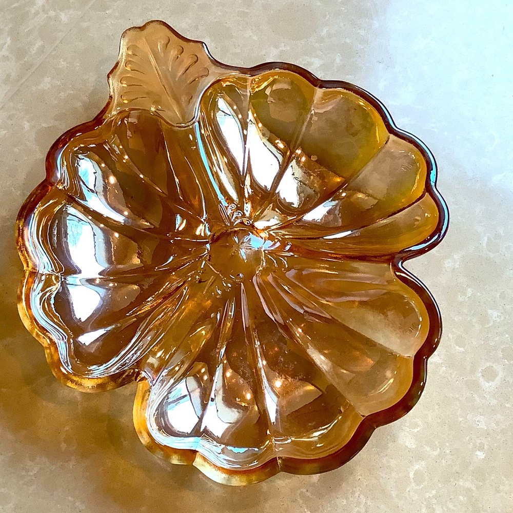 Vintage Amber carnival glass three section dish